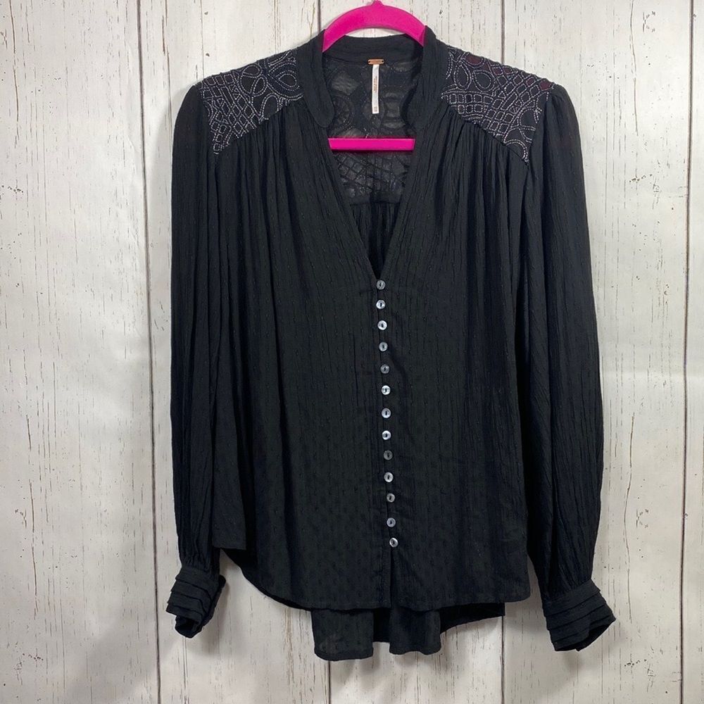 Free People Black Lace Shoulder Button Front Blouse Boho Chic Romantic Oversized